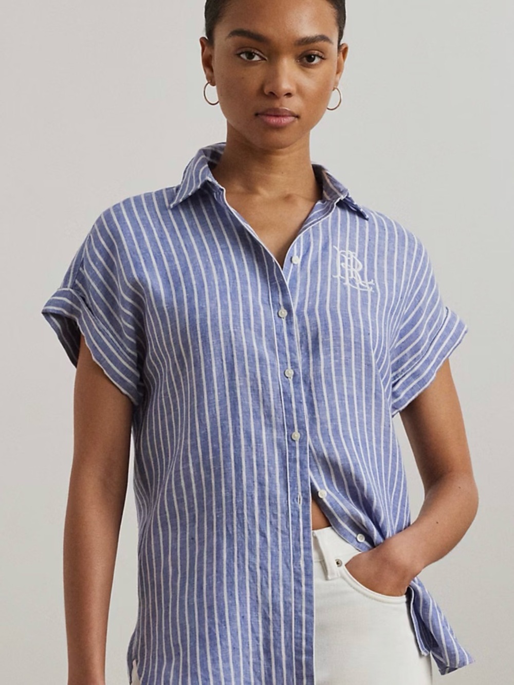 Ralph Lauren Blue and White Striped Button-Up Shirt